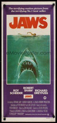 2b588 JAWS Aust daybill '81 art of Spielberg's classic man-eating shark attacking sexy swimmer!