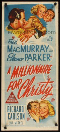2b676 MILLIONAIRE FOR CHRISTY Aust daybill '51 romantic art of Fred MacMurray & Eleanor Parker!