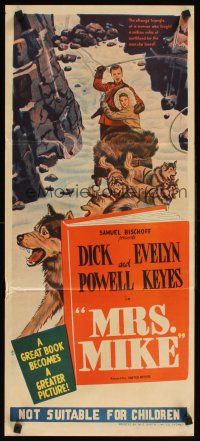 2b688 MRS. MIKE Aust daybill '49 stone litho of Evelyn Keyes & Mountie Dick Powell on dogsled!