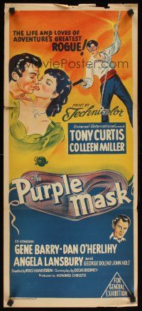 2b754 PURPLE MASK Aust daybill '55 masked avenger Tony Curtis w/pretty Colleen Miller!