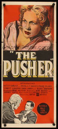 2b756 PUSHER Aust daybill '59 Harold Robbins early drug movie, stone litho art of doped up girl!