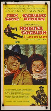 2b793 ROOSTER COGBURN Aust daybill '75 great art of John Wayne with eye patch & Katharine Hepburn!