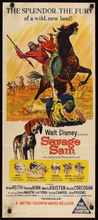 2b815 SAVAGE SAM Aust daybill '63 Disney, art of boy & dog fighting Native American, sequel!
