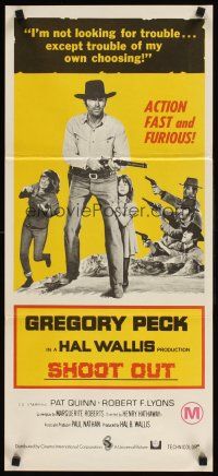 2b832 SHOOT OUT Aust daybill '71 great image of gunfighter Gregory Peck vs. 3 fast guns!