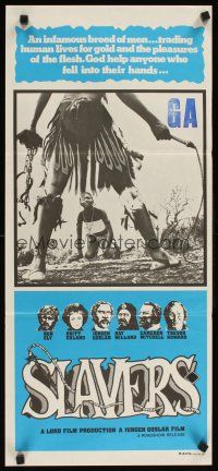 2b844 SLAVERS Aust daybill '78 Ron Ely, Britt Ekland, cool image of native w/whip & chains!