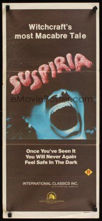 2b897 SUSPIRIA Aust daybill '77 classic Dario Argento horror, cool close up screaming mouth image!