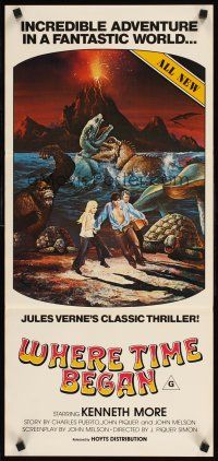 2b977 WHERE TIME BEGAN Aust daybill '76 Jules Verne, art of stars running from gigantic monsters!