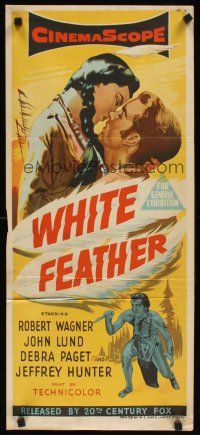 2b979 WHITE FEATHER Aust daybill '55 art of Robert Wagner & Native American Debra Paget!