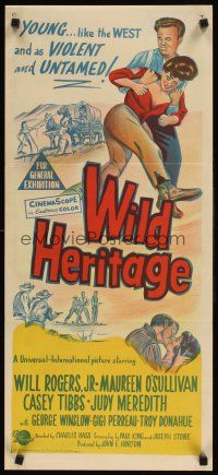 2b982 WILD HERITAGE Aust daybill '58 stone litho art of Will Rogers Jr. & Maureen O'Sullivan!