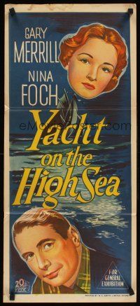 2b991 YACHT ON THE HIGH SEAS Aust daybill '56 stone litho art of Gary Merrill, Nina Foch!