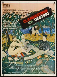 2b027 CLANDESTINO DESTINO Mexican poster '87 really cool Tafoya art of nude guy at picnic!