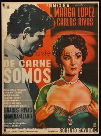 2b028 DE CARNE SOMOS Mexican poster '55 artwork of sexy Marga Lopez pulling her shirt open!