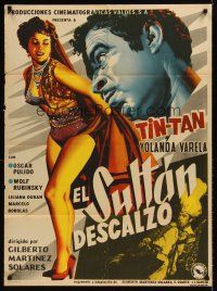 2b030 EL SULTAN DESCALZO Mexican poster '56 cool artwork of Tin-Tan, sexy Yolanda Varela!