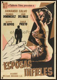 2b032 ESPOSAS INFIELES Mexican export poster '56 silkscreen art of sexy woman & smoking hand!