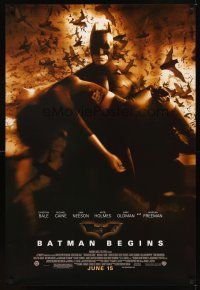 2c066 BATMAN BEGINS advance DS 1sh '05 Bale as Caped Crusader carrying Katie Holmes!