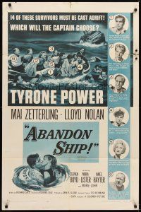 2d014 ABANDON SHIP 1sh '57 Tyrone Power & 25 survivors in a lifeboat which can hold only 12!