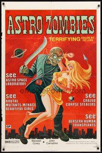 2d062 ASTRO-ZOMBIES 1sh R71 Ted V. Mikels, art of wacky creature w/huge knife attacking sexy girl!
