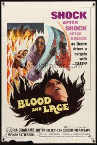 2d121 BLOOD & LACE 1sh '71 AIP, gruesome horror image of wacky cultist w/bloody hammer!
