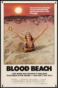 2d123 BLOOD BEACH 1sh '81 classic Jaws parody image of sexy girl in bikini sinking in quicksand!