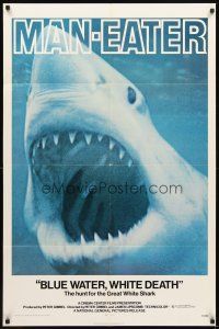 2d129 BLUE WATER, WHITE DEATH 1sh '71 cool super close image of great white shark with open mouth!