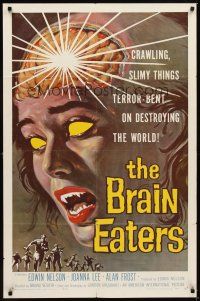 2d137 BRAIN EATERS 1sh '58 AIP, classic horror art of girl's brain exploding!