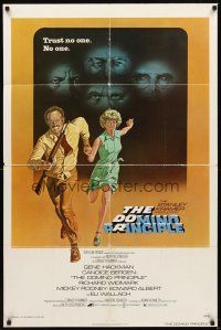 2d273 DOMINO PRINCIPLE 1sh '77 cool art of Gene Hackman & Candice Bergen fleeing from eyes!