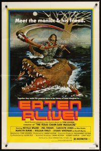 2d290 EATEN ALIVE 1sh '77 Tobe Hooper, wild horror artwork of madman w/scythe & alligator!