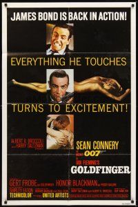 2d386 GOLDFINGER 1sh R80 three great images of Sean Connery as James Bond 007!
