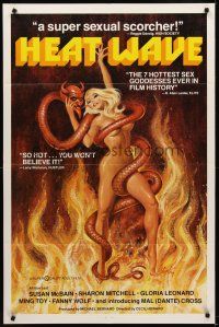2d410 HEAT WAVE 1sh '77 x-rated, incredible sexy Weston art of naked woman w/devil snake!