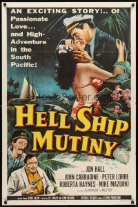 2d413 HELL SHIP MUTINY 1sh '57 Jon Hall kisses tropical bikini babe, John Carradine, Peter Lorre!
