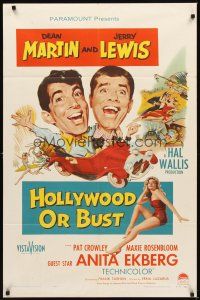 2d421 HOLLYWOOD OR BUST 1sh '56 wacky art of Dean Martin & Jerry Lewis in car, sexy Anita Ekberg!