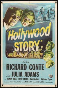 2d422 HOLLYWOOD STORY 1sh '51 William Castle directed, art of Richard Conte & Julia Adams!