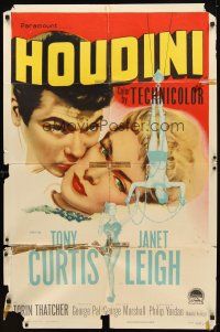 2d435 HOUDINI 1sh '53 art of magician Tony Curtis and his sexy assistant Janet Leigh!