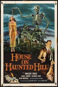 2d438 HOUSE ON HAUNTED HILL 1sh '59 classic art of Vincent Price & skeleton with hanging girl!