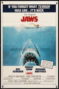 2d476 JAWS 1sh R79 art of Steven Spielberg's classic man-eating shark attacking sexy swimmer!