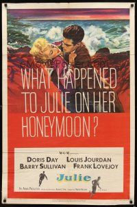 2d483 JULIE 1sh '56 what happened to Doris Day on her honeymoon with Louis Jourdan?