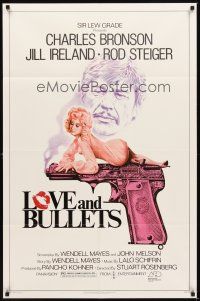 2d540 LOVE & BULLETS 1sh '79 Smith art of Charles Bronson, sexy Jill Ireland laying on gun!