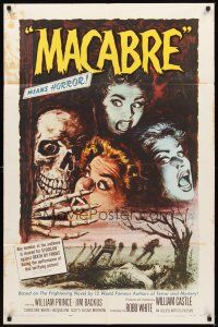 2d550 MACABRE 1sh '58 William Castle, cool art of skeleton & screaming babes in graveyard!