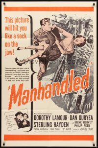 2d568 MANHANDLED military 1sh R60s art of terrified Dorothy Lamour being thrown off building!