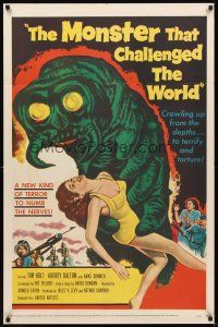 2d594 MONSTER THAT CHALLENGED THE WORLD 1sh '57 great artwork of creature & its victim!