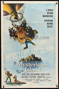 2d616 MYSTERIOUS ISLAND 1sh '61 Ray Harryhausen, Jules Verne sci-fi, cool hot-air balloon image!