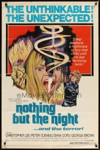 2d644 NOTHING BUT THE NIGHT 1sh '74 Christopher Lee, really wild artwork of girl's split head!