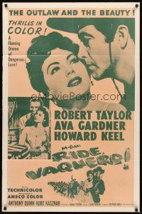 2d739 RIDE, VAQUERO 1sh R50s close-up of outlaw Robert Taylor & beauty Ava Gardner!
