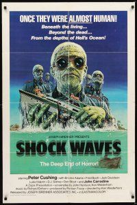 2d802 SHOCK WAVES 1sh '77 Peter Cushing, cool art of Nazi zombies terrorizing boat!