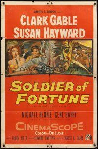 2d821 SOLDIER OF FORTUNE 1sh '55 art of Clark Gable shooting gun, plus sexy Susan Hayward!