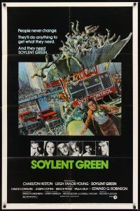 2d828 SOYLENT GREEN 1sh '73 art of Charlton Heston trying to escape riot control by John Solie!