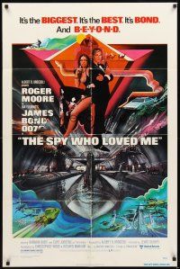 2d831 SPY WHO LOVED ME 1sh '77 cool artwork of Roger Moore as James Bond by Bob Peak!