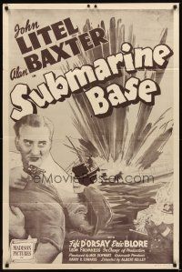 2d853 SUBMARINE BASE 1sh R48 John Litel, Alan Baxter, exploding u-boat artwork!