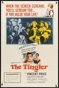 2d903 TINGLER 1sh '59 Vincent Price, William Castle, terrified audience, presented in Percepto!
