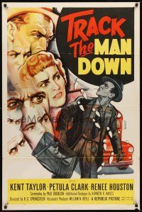 2d916 TRACK THE MAN DOWN 1sh '55 cool art of detective Kent Taylor tracing footsteps, Petula Clark